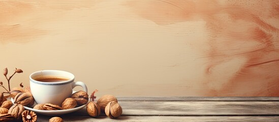 Wall Mural - Combine cup walnuts and honey isolated pastel background Copy space