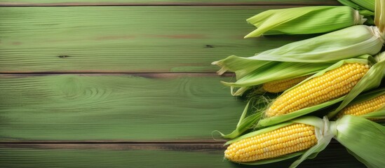 Poster - Top view of fresh corn on cobs displayed on a rustic wooden table with a green towel and copy space framed isolated pastel background Copy space