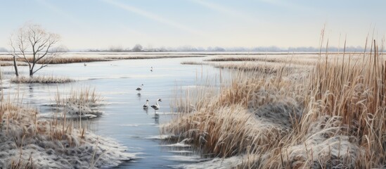 Poster - Tall dry grass on the icy riverbanks in winter isolated pastel background Copy space
