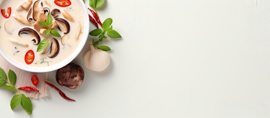 Leinwandbilder - Popular Thai dish Tom Kha Gai a coconut milk soup with chicken and herbs photographed in a studio on a isolated pastel background Copy space
