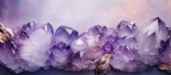Poster - Macro amethyst quartz crystals purple and rough made of crystal stone isolated pastel background Copy space