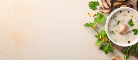 Leinwandbilder - Popular Thai dish Tom Kha Gai a coconut milk soup with chicken and herbs photographed in a studio on a isolated pastel background Copy space