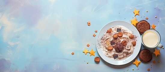 Leinwandbilder - Kids cocoa morning meal served with milk on a plate isolated pastel background Copy space