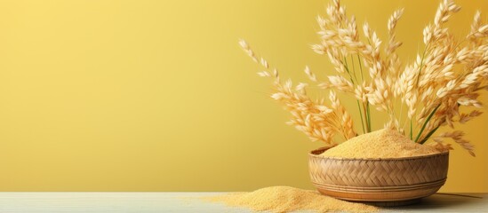 Aufkleber - Dry golden paddy jasmine rice in a bamboo basket isolated on a isolated pastel background Copy space