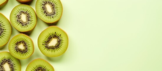 Wall Mural - Flat lay of a kiwi on a isolated pastel background Copy space from a top view