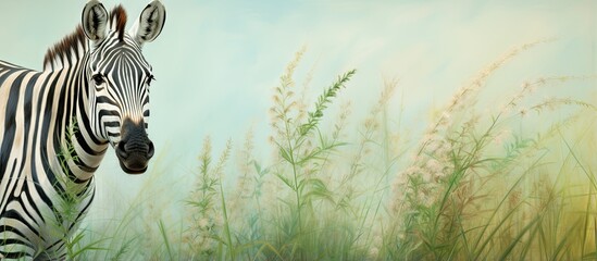 Aufkleber - Zebra grazing at the zoo isolated pastel background Copy space