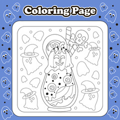 Wall Mural - Halloween sweets themed coloring page for kids with kawaii pumpkin and bat character shaped ice cream