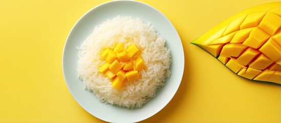 Aufkleber - Yellow Mango with sticky rice on a white plate against a isolated pastel background Copy space