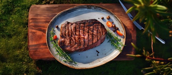 Fototapete - Grilled steak on a plate with Maso beef cut outside in the garden isolated pastel background Copy space