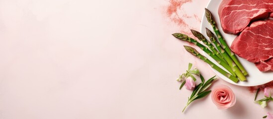 Aufkleber - Black plate with slices of meat and asparagus isolated pastel background Copy space
