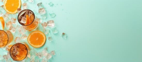 Leinwandbilder - Glass with soda water ice orange and mint on a isolated pastel background Copy space