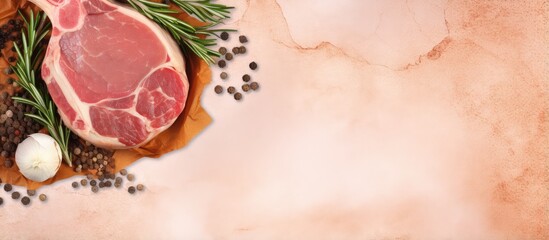 Aufkleber - Rosemary infused baked pork photographed from above on a isolated pastel background Copy space