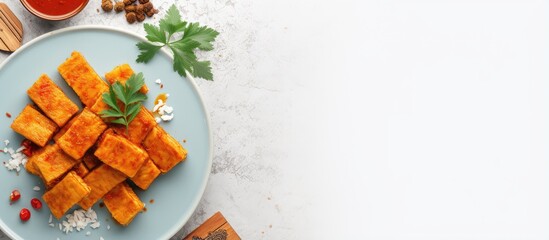 Aufkleber - Photo of Surakartas tempeh and tofu sambal with salty fish 22 June isolated pastel background Copy space