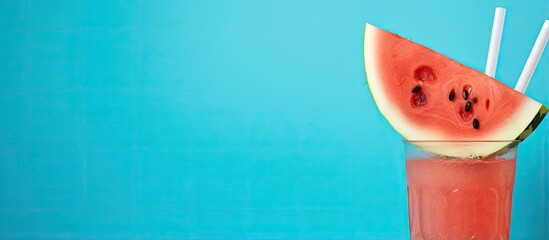 Aufkleber - Ripe watermelon with blue straw isolated on a isolated pastel background Copy space