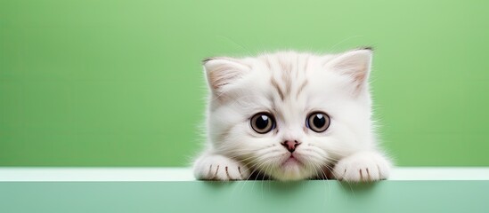 Poster - White Scottish Fold kittens posing on a purple backdrop for a portrait isolated pastel background Copy space