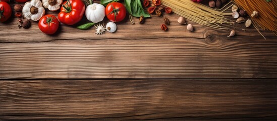 Aufkleber - A variety of Italian pasta dishes including spaghetti tomato garlic basil and chili pepper displayed on a isolated pastel background Copy space
