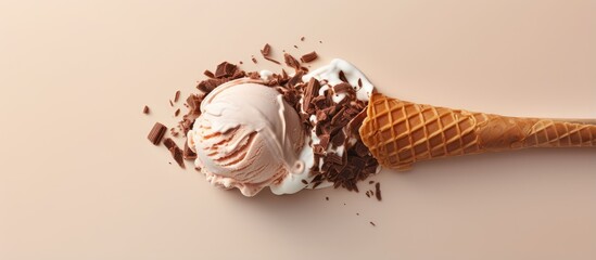 Aufkleber - Chocolate ice cream served in a metal scoop on a isolated pastel background Copy space