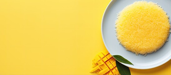 Aufkleber - Yellow Mango with sticky rice on a white plate against a isolated pastel background Copy space