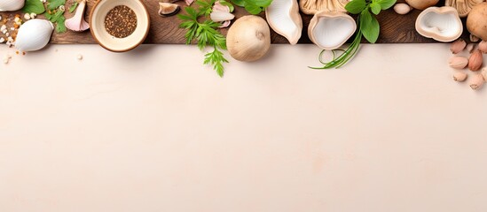 Leinwandbilder - Popular Thai dish Tom Kha Gai a coconut milk soup with chicken and herbs photographed in a studio on a isolated pastel background Copy space