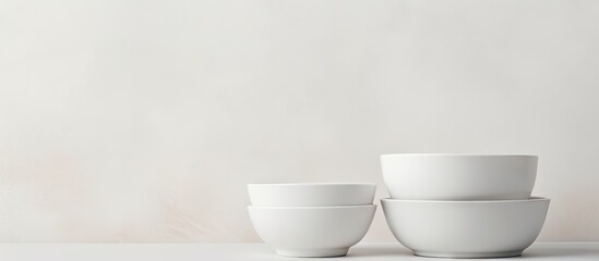 Poster - Empty soup bowls stacked on a light isolated pastel background Copy space white porcelain copy space