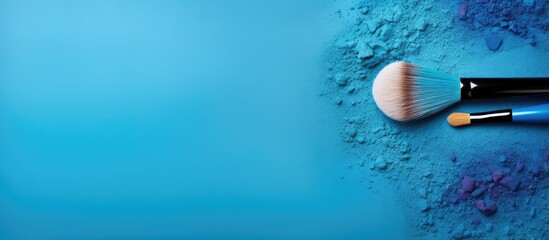 Poster - blue eyeshadows and makeup brush isolated pastel background Copy space