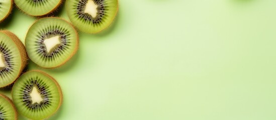 Wall Mural - Flat lay of a kiwi on a isolated pastel background Copy space from a top view