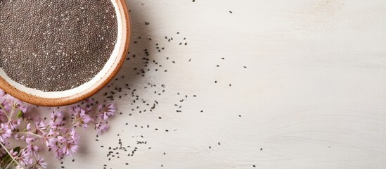 Aufkleber - Chia word made from seeds Chia seeds bowl from top view with space Grain isolated pastel background Copy space