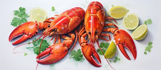 Wall Mural - Three lobsters on a white table with garnish in sunlight isolated pastel background Copy space