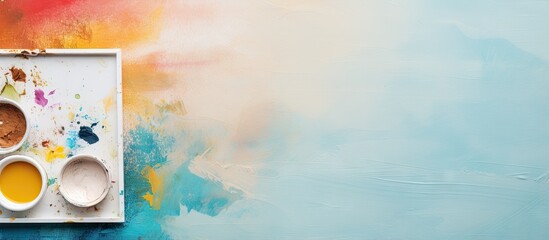 Poster - Brush pen with isolated paint box on a isolated pastel background Copy space