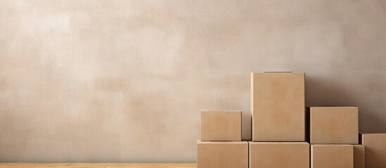 Poster - Cardboard containers stacked on timber pallets isolated pastel background Copy space