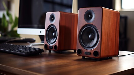 Close up of 2 Wooden Speaker over a Professional Desk of a Music Production Studio.