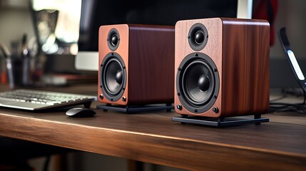 Close up of 2 Wooden Speaker over a Professional Desk of a Music Production Studio.