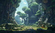 Verzauberter Wald mit anitiken Ruinen und Sonnenstrahlen im Sommer - Zeichnung im Anime-Stil mit Blaufilter