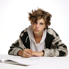 Wall Mural - French teen designer, engrossed in fashion sketch, epitomizing creative passion isolated on white background