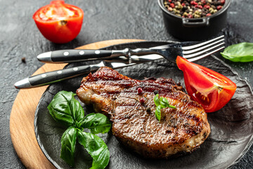 Wall Mural - Grilled pork rib chop steak, Food recipe background. Close up