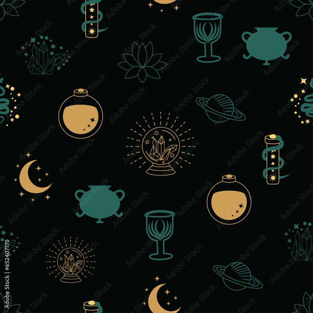 Magic and heaven seamless pattern, with magical elements such as snake ...