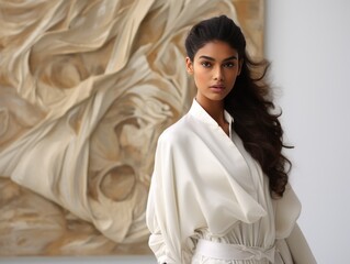 Wall Mural - Striking beauty of Indian model in contemporary outfit against pure white