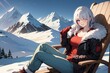 Anime - femme assise sur une chaise longue d'une terrasse  d'un domaine skiable