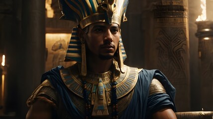 Egyptian king. egyptian temple, egyptian art, egyptian man stand and looking in camera. Ai generated image