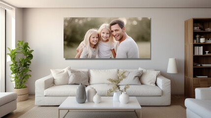 living room with family pictures on the wall