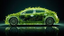 Electric Car Made Entirely From Plants. Vibrant Green Energy. Ecological Innovation. Ecological Electric Car Concept. Generative AI