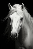 Fototapeta Konie - Light white horse face, close up on black background, Illustration of horse photography, studio lighting, AI generative