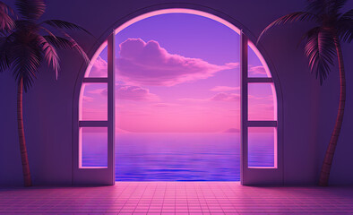 Canvas Print - Open window with tropical landscape and ocean in vaporwave style. Purple sundown in 90s style room, vacation calmness frame.