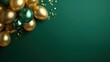 © irissca - Golden and green balloons with golden confetti. New years Christmas gold green background with copy space