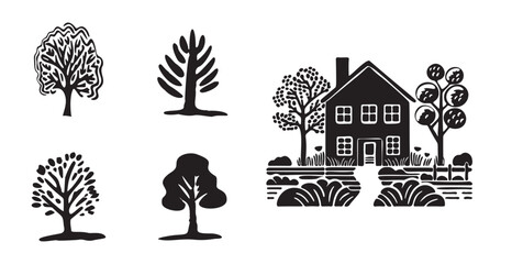 Wall Mural - Whimsical forest tree with building design collection vector organic style. Monochrome woodland cottage for outdoor quirky linocut set. 