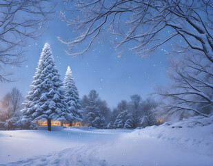 Poster - Winter background with snow and soft light on blue sky at night
