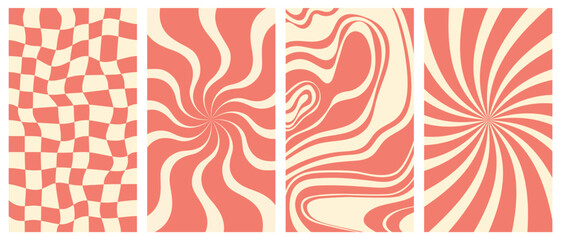 Wall Mural - Groovy hippie 70s vector backgrounds set. Chessboard and twisted patterns. Backgrounds in trendy retro trippy style. Twisted and distorted vector texture in trendy retro psychedelic style