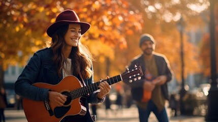 Wall Mural - Happy street musicians couple performing in autumn city. Musician Busking Playing Acoustic Guitar And Singing Outdoors In Street