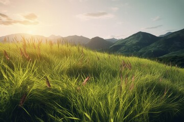 Wall Mural - Green grass mountains outdoor. Generate Ai