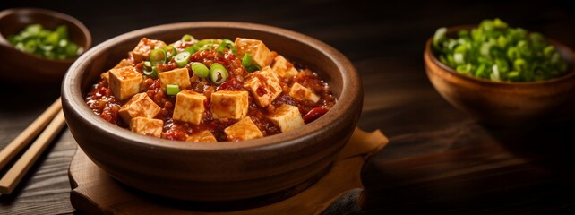 Mapo tofu in stone bowl on wooden table, with copy space.